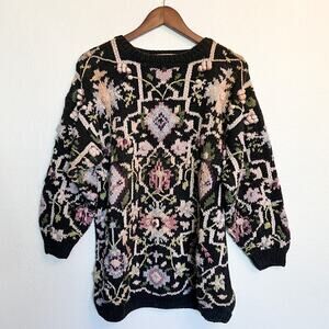 HUNTERS RUN Hand Knit Floral Sweater Cottagecore Vintage 90's Small Grandma